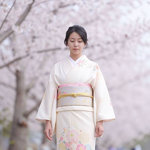 Photograph of an Asian woman in a white traditional kimono with pink and yellow obi, standing outdoors against a blurred cherry blossom background.