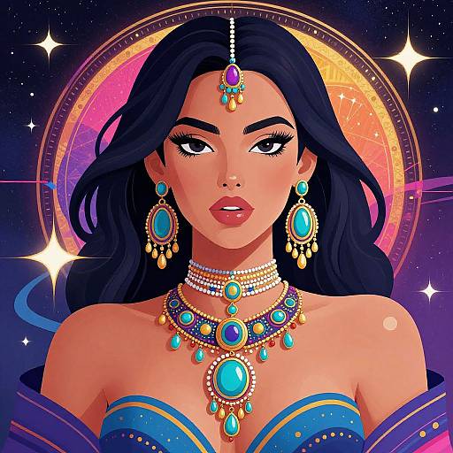 Digital illustration of a beautiful woman with dark hair, wearing vibrant turquoise jewelry, against a cosmic background with stars and a circular, colorful halo.