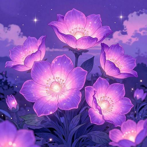 Digital illustration of glowing purple flowers with radiant centers, set against a twilight sky with star-like sparks and soft clouds.
