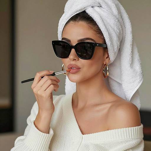 Woman Applying Lipstick with Towel Turban