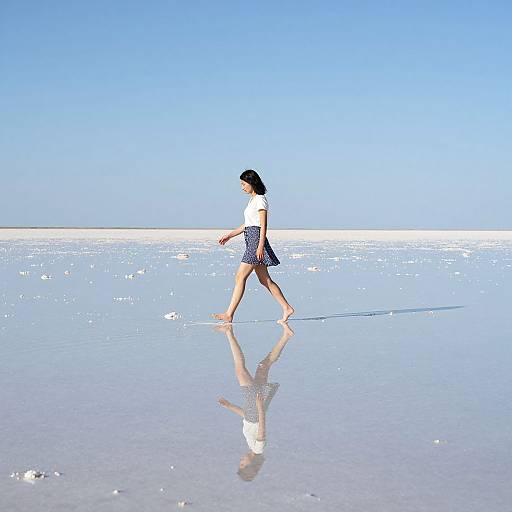 Photograph of a young woman in a white top and black patterned skirt walking barefoot on a reflective, sunny beach with a clear blue sky.