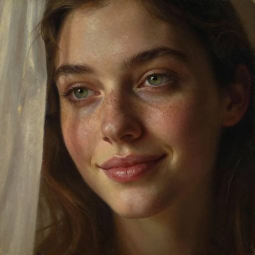 Photorealistic portrait of a young woman with green eyes, light brown freckled skin, brown hair, and a gentle smile, softly lit from