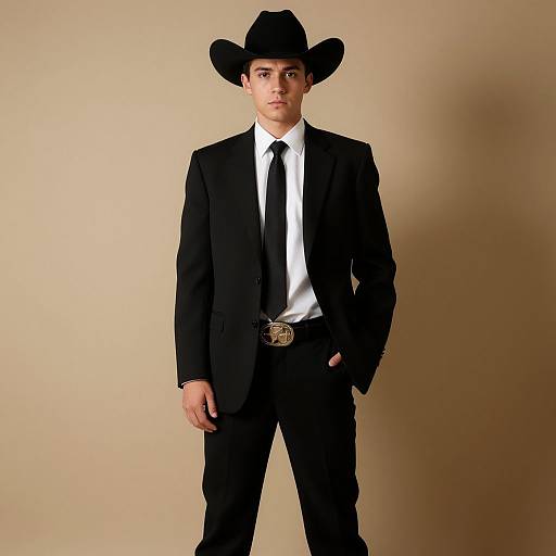 Photograph of a young man in a black cowboy hat, black suit, white shirt, black tie, and belt with a silver buckle, standing against