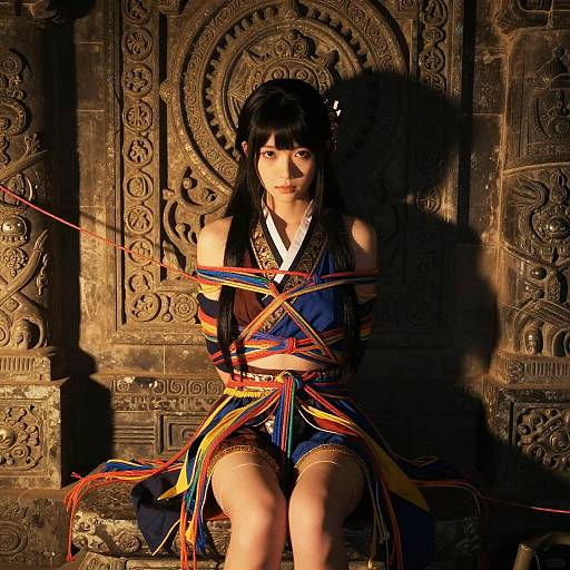 Photograph of a woman with black hair, wearing an ornate blue and gold traditional outfit, bound with colorful ribbons, seated against an intricately