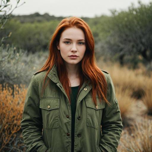 Portrait of Woman with Red Hair in Olive Green Jacket Outdoors