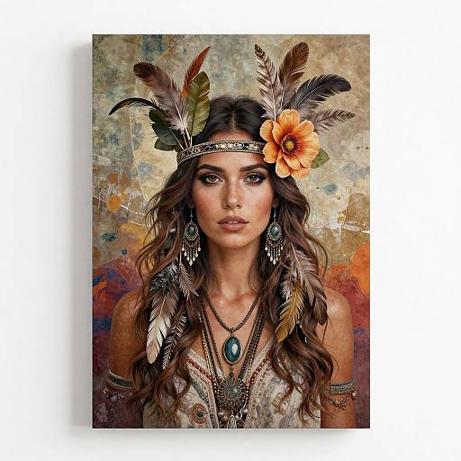 Digital art of a Native American-inspired woman with long brown hair, feather headband, orange flower, turquoise jewelry, and intricate background.