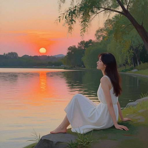 Woman Sitting by Lake at Sunset