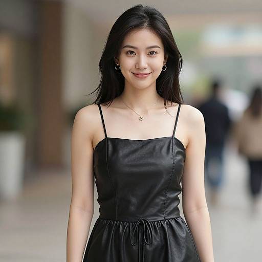 Photograph of an Asian woman with long black hair, wearing a black spaghetti strap dress, standing indoors with a blurred background.