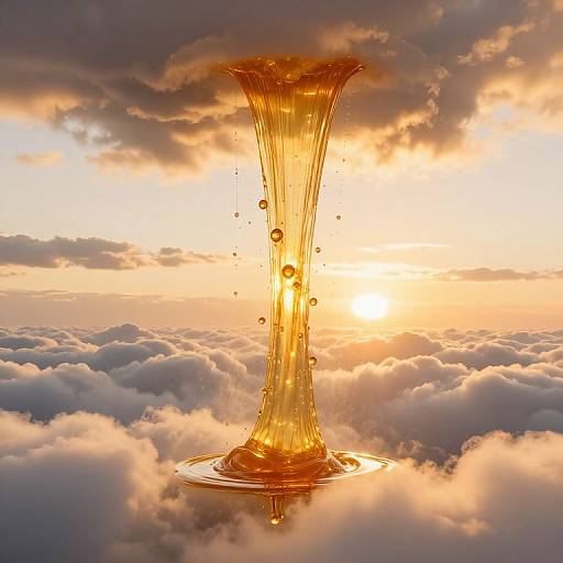Photorealistic CGI: Golden, liquid-like column with droplets rises through a sunlit, cloudy sky, creating a dramatic, surreal effect.