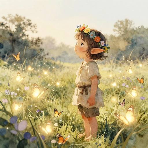 Whimsical digital painting of a young fairy-like child with elf ears, wearing a flower crown and white dress, standing in a sunlit meadow