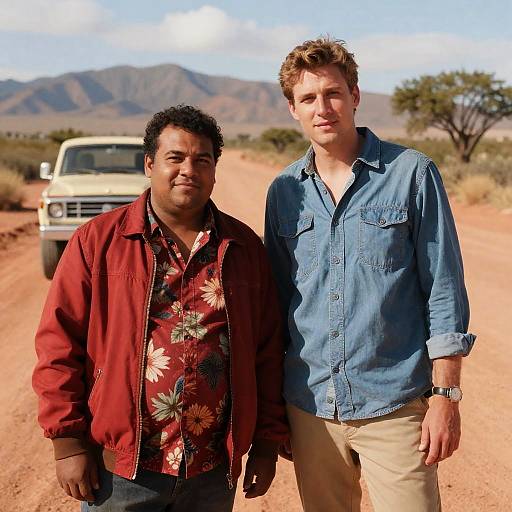 Two men standing on red dirt road in desert