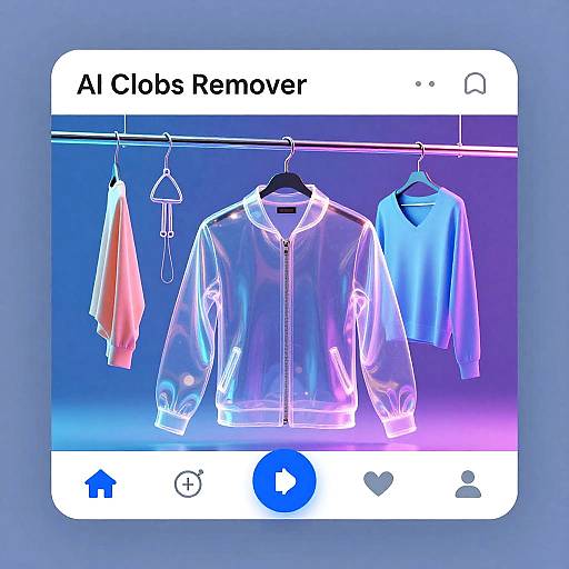 Photograph of a neon-lit online store display: transparent zip-up jacket, pink towel, blue shirt, hanging on a purple-to-blue gradient background