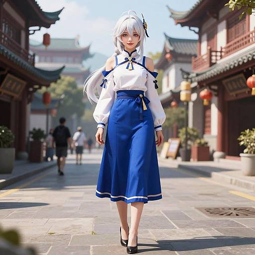Woman in Blue Dress Standing on Traditional Asian Street