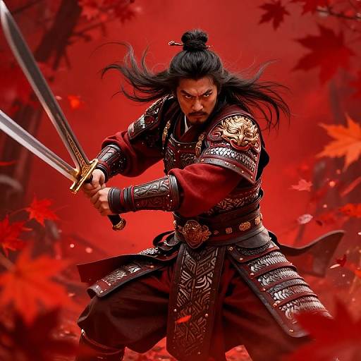 Digital art of fierce samurai with black hair in topknot, intense expression, wielding sword, detailed red and gold armor, red leaf-filled background