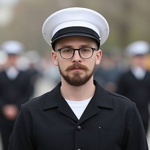 Photograph of a bearded, bespectacled male naval officer with white hat, black coat, and white shirt, standing in a blurred background