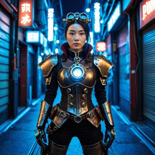 Asian Woman in Steampunk Armor in Neon Alley