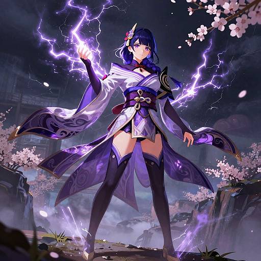 Digital anime-style illustration of a purple-haired, electric-powered mage in a flowing, ornate kimono, surrounded by glowing lightning and cherry blossoms.