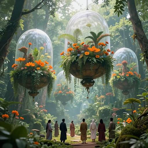 Fantastical forest scene: Silhouetted figures in robes view floating, glass-domed flower baskets with vibrant orange blooms, surrounded by lush green