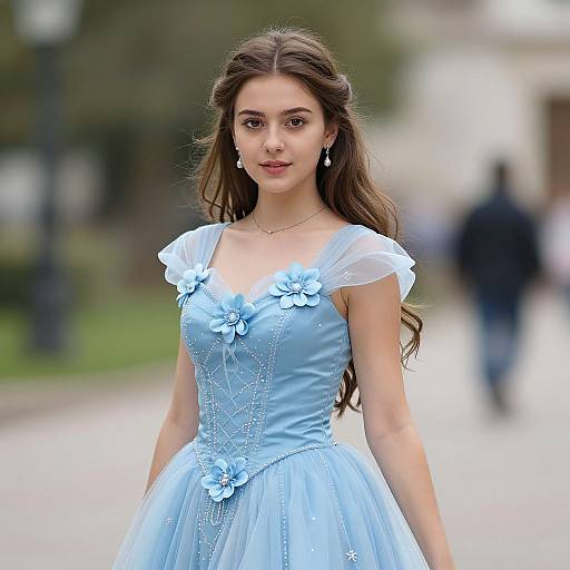 Photograph of a young woman with long brown hair in a light blue, ornate, sleeveless ball gown with flower embellishments, standing outdoors in