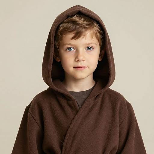 Photograph of a young boy with fair skin and blue eyes, wearing a brown hooded bathrobe, against a plain white background.