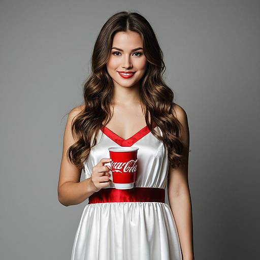 Young woman in satin dress holding Coca-Cola cup