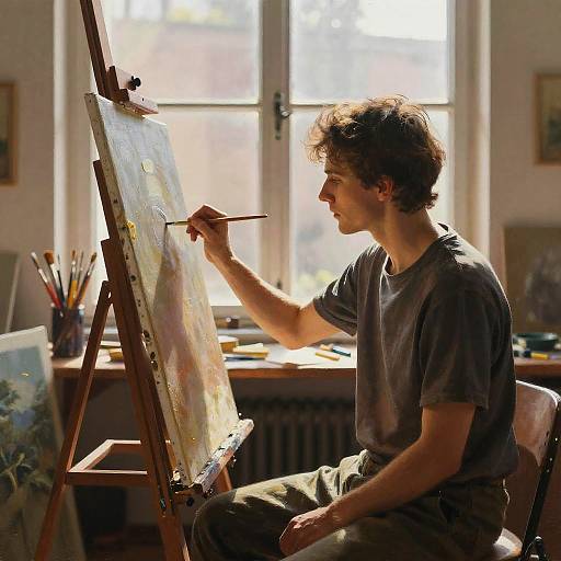 Disciplined Artist Painting in Sunlit Studio