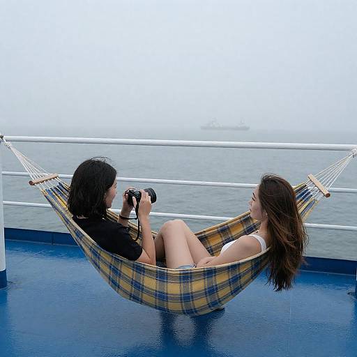 Women in Yellow-Blue Plaid Hammock Aboard Ship