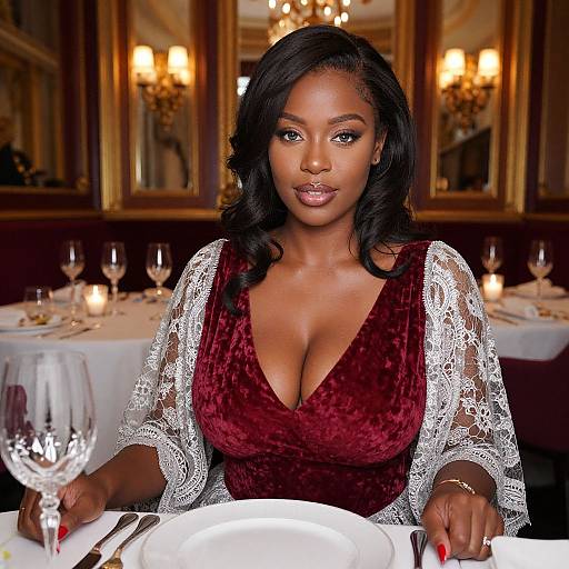 Photograph of a beautiful Black woman with long black hair, wearing a deep red velvet dress with white lace sleeves, seated at an elegant restaurant table with