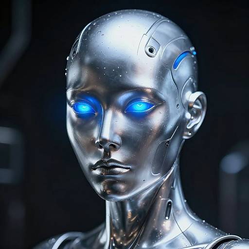Photorealistic CGI of a silver, humanoid robot with glowing blue eyes, smooth metallic skin, and subtle circuitry details against a dark background.