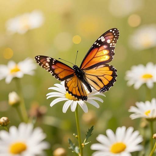 Photograph of a vibrant orange and black monarch butterfly with white spots, perched on a white daisy, surrounded by blurred yellow and white dais