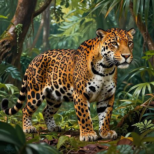 Digital artwork of a majestic jaguar with vivid orange and black-spotted fur, standing alert in a lush, dense jungle.