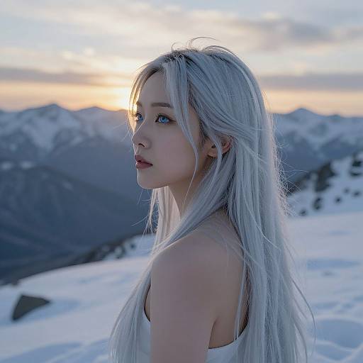 Photograph of a young Asian woman with long, silver-blonde hair, blue eyes, and fair skin, standing in a snowy mountain landscape at
