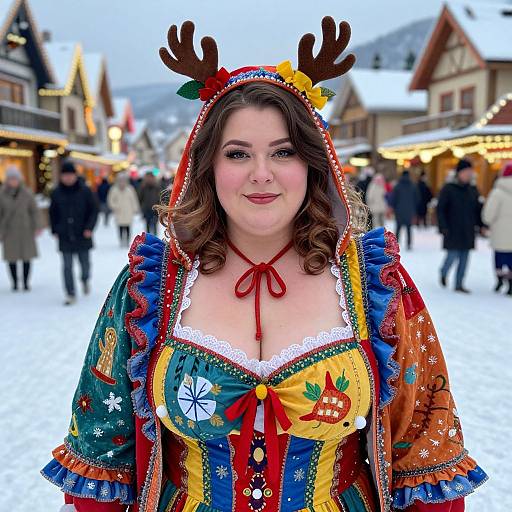 Photograph of a plus-sized woman with curly brown hair, wearing a colorful reindeer-themed costume, standing in a snowy, festive village.