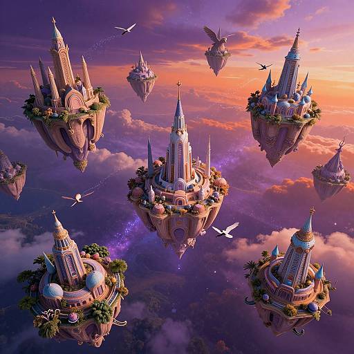 Fantasy CGI image of floating, ornate, gothic-style sky cities with spires, surrounded by clouds, pink-orange sunset, and flying white