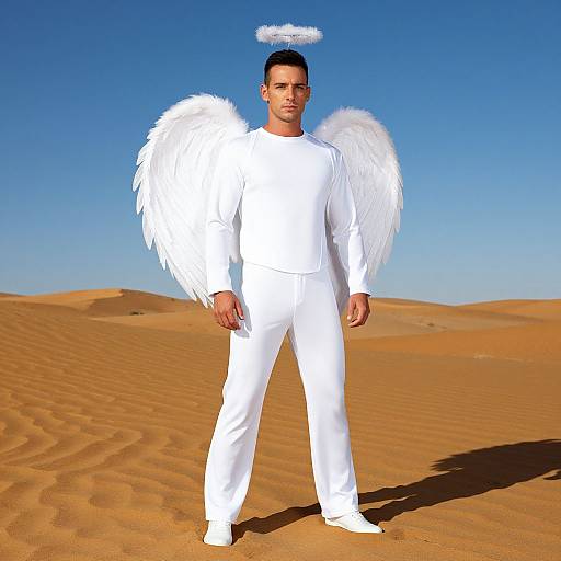 Photograph of a muscular man with a halo, white angel wings, and outfit, standing in a desert under a clear blue sky.