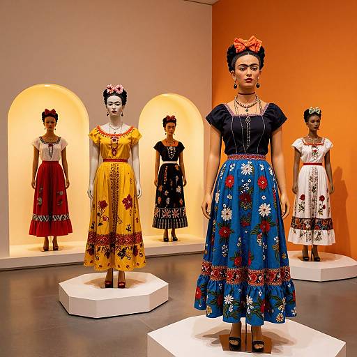 Photograph of five mannequins in colorful, traditional Mexican dresses with floral patterns, displayed against an orange wall in an art gallery.