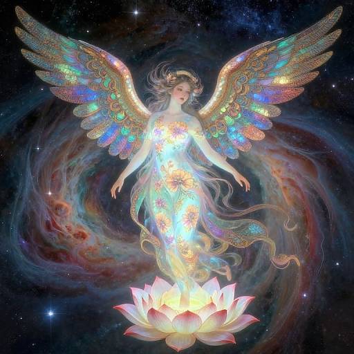 Digital artwork of a glowing, ethereal angel with multicolored, iridescent wings, standing on a radiant lotus flower in a cosmic,