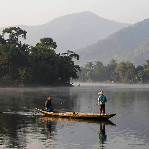Photograph of two fishermen in a wooden boat on a calm, misty lake with lush green forest and misty mountains in the background, both wearing