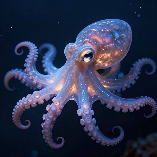 Glowing, translucent octopus with blue and purple hues, illuminated from within, floating in a dark, starlit underwater scene. Photorealistic