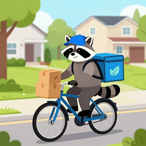 Cartoon raccoon in blue cap and gray outfit, riding blue bicycle with orange box and blue backpack, delivers packages on suburban street.