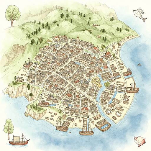 Colorful, detailed map illustration of a coastal town, featuring densely packed buildings, winding streets, waterfront docks, boats, hills, and trees.