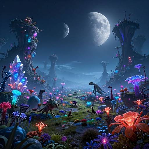 Digital fantasy artwork of a vibrant, bioluminescent forest under a full moon, featuring colorful glowing mushrooms, towering twisted trees, and dinosaur-like creatures