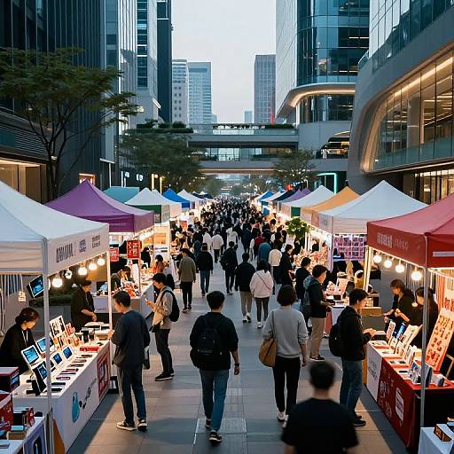 Photograph of a busy evening outdoor market in a city, with white, red, and purple tents selling electronics and goods, surrounded by diverse, casually