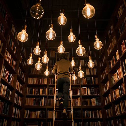 Photograph of a person in a brown sweater, standing on a ladder in a dimly lit library with hanging Edison bulbs, surrounded by tall booksh