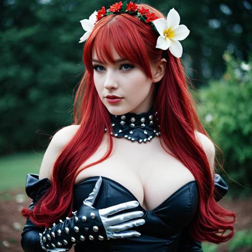 Red-haired Cosplayer with Flower Hair Accessories