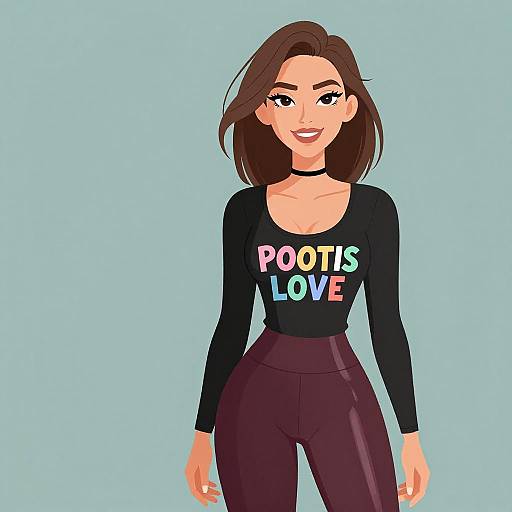 Digital illustration of a smiling woman with brown hair, wearing a black 