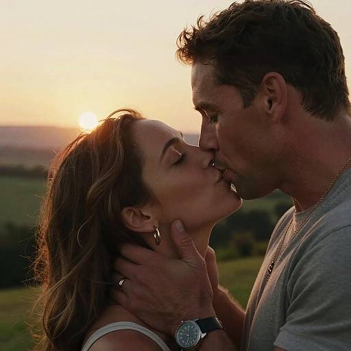Photograph of a couple kissing at sunset, with the man gently holding the woman's face, wearing a gray shirt and watch.