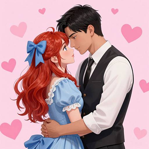 Digital anime-style drawing of a red-haired girl in a blue dress and black-haired man in a white shirt and vest, kissing, with pink hearts in