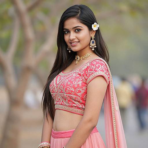 Photograph of a young Indian woman with long black hair, wearing a pink embroidered crop top and matching skirt, gold jewelry, and a white flower in