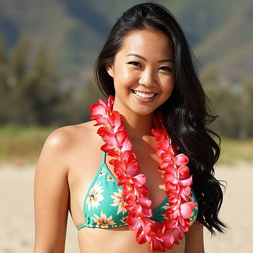 Photograph of a smiling Asian woman with long black hair, wearing a turquoise floral bikini and a red hibiscus flower lei, standing on a